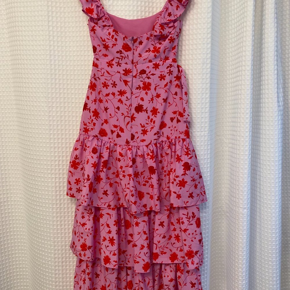 Likely Charlotte Floral Midi Dress Size 0 | Pink Red Ruffle Tiered | Revolve - Picture 6 of 7